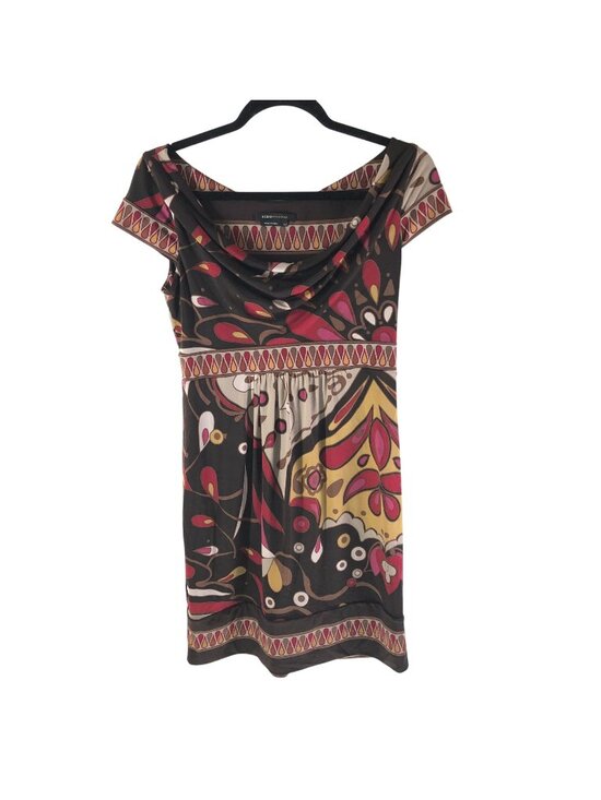 BCBGMaxAzria Dresses & Skirts - BCBGMaxAzria Shift Dress Cap Sleeve Geometric Bold Print Brown Red XS